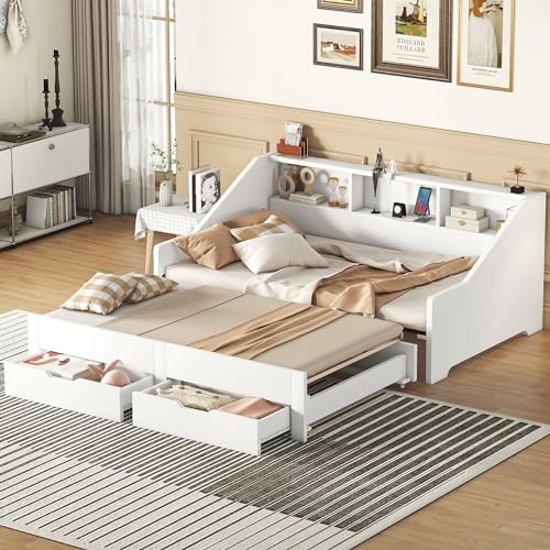 Merax Twin to King Daybed with Storage Bookcases and Two Drawers, Wood Bed Frame with Trundle and USB Charging Design for Bedroom, Guest Room