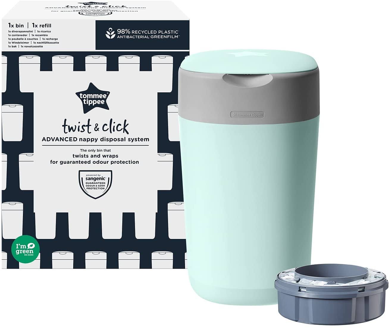 Tommee Tippee Twist and Click Advanced Nappy Bin, Eco-Friendlier System, Includes 1x Refill Cassette with Sustainably Sourced An