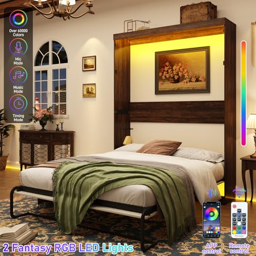 Queen Size Murphy Bed with 2 LED Lights, Farmhouse Wood Hidden Foldable Wall Bed Frame w/Gas Struts, Storage Bed Cabinet for Bedroom, Office