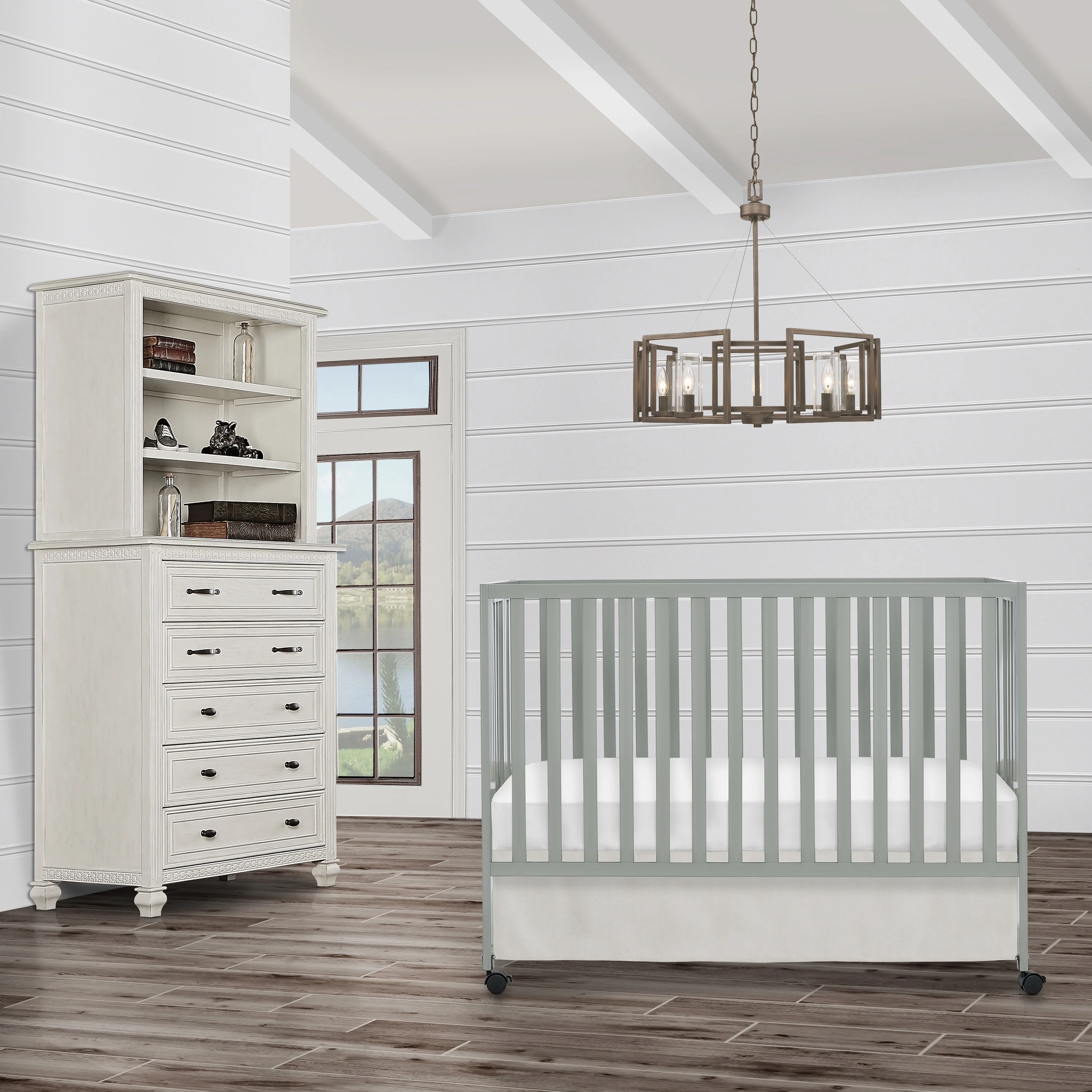 Dream On Me Quinn Full-Size Folding Crib in Cool Grey, Removeable Wheels, Modern Nursey, Adjustable Mattress Support, Portable Crib