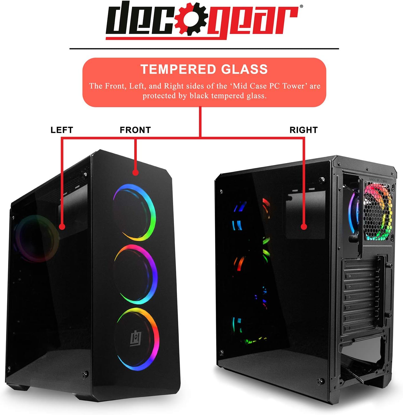 Deco Gear Mid-Tower PC Gaming Computer Case 3-Sided Tempered Glass and LED Lighting - Mini-ITX, Micro-ATX, ATX