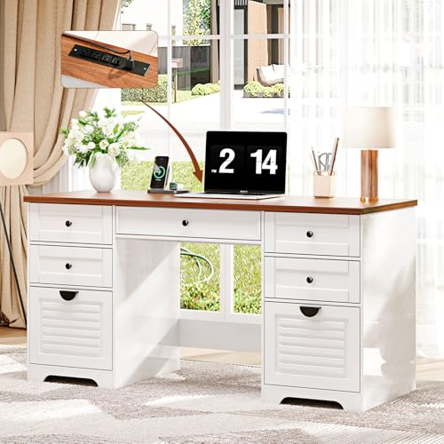 59" Home Office Desks, Executive Desk, Farmhouse Computer Desk with 7 Drawers and Charging Station, File Drawer, Rustic Computer Writing Desk