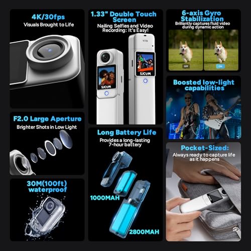 SJCAM C300 4K Action Camera,7H Power Use, 6-Axis Stabilization Pocket Camera,Handheld Dual-Touch Screen Body Camera,30M Waterproof,Gifts for Kids