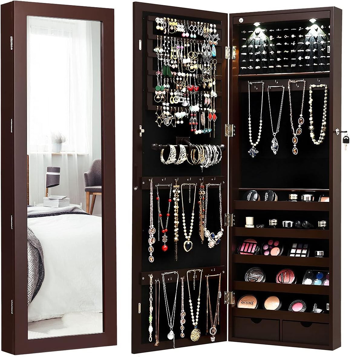 Giantex Jewelry Armoire Wall Door Mounted, Lockable Jewelry Cabinet with 42.5'' Full Length Mirror, 2 LEDs Jewelry Organizer Box with 2 Drawers