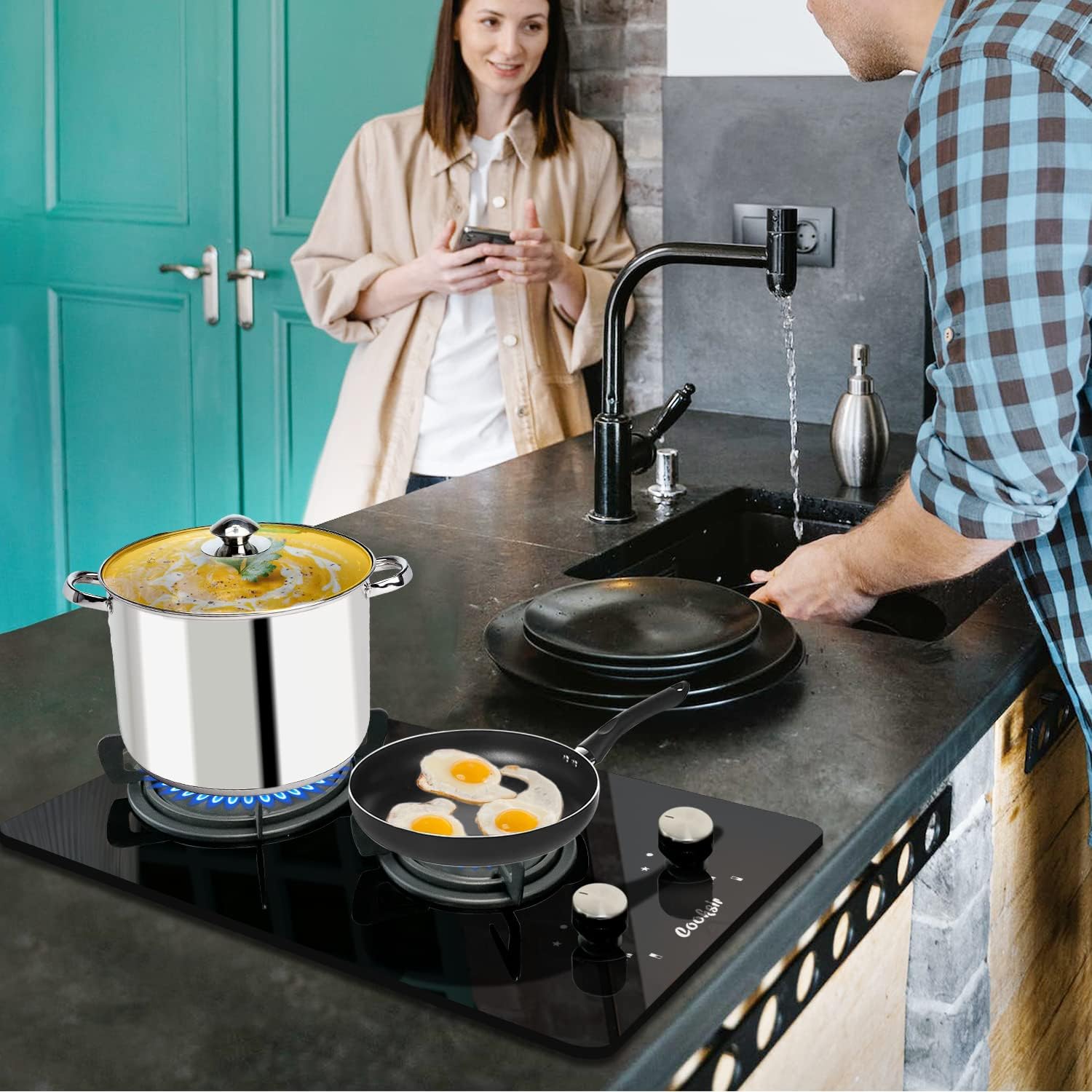 12 inch Gas Stove, 2 Burners Propane Cooktop Bulit-in, Indoor Gas Cooktop Suitable for Dual Fuel LPG/NG, Tempered Glass Gas Stove Top for Kitchen