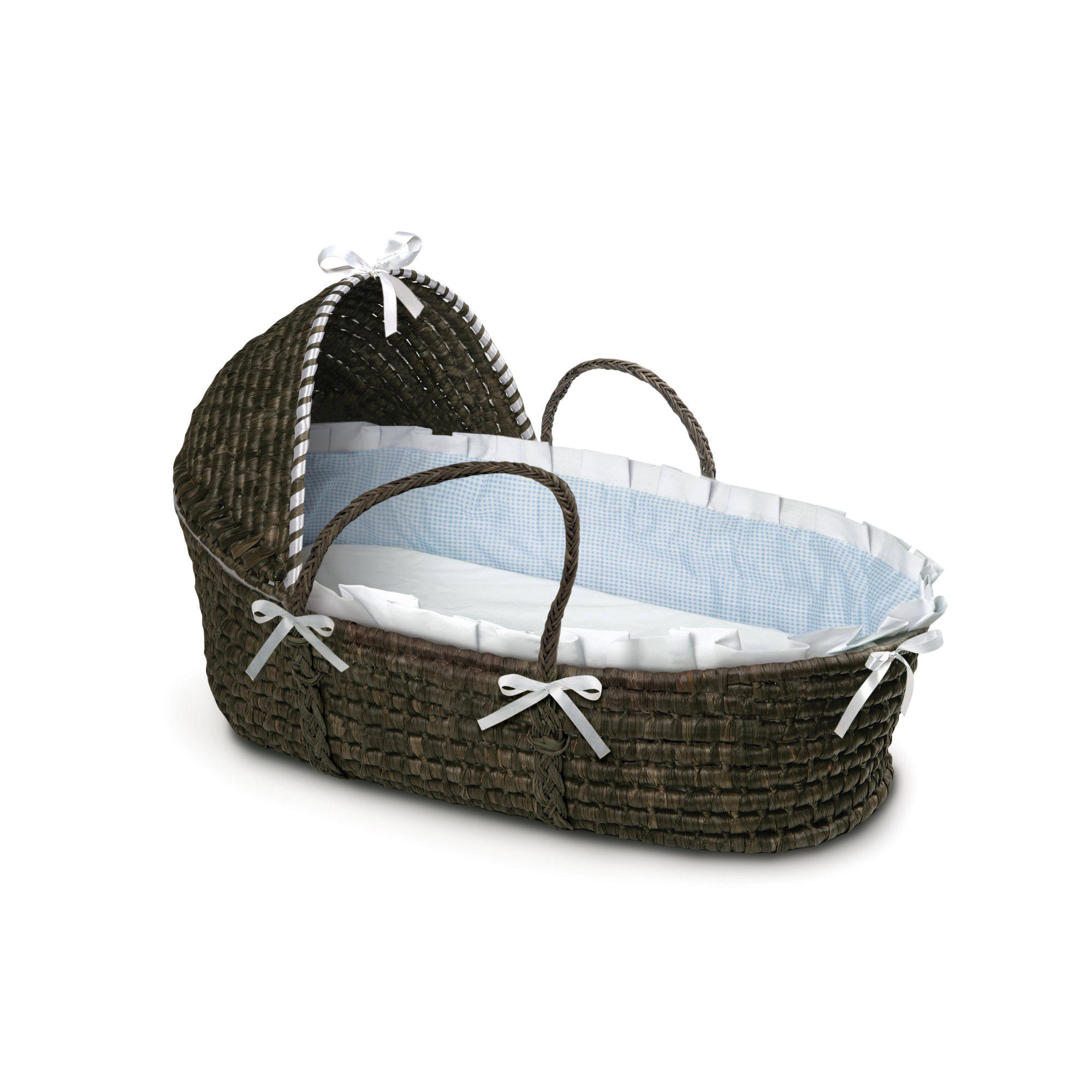 Badger Basket Espresso Moses Basket with Hood - Blue Gingham Bedding