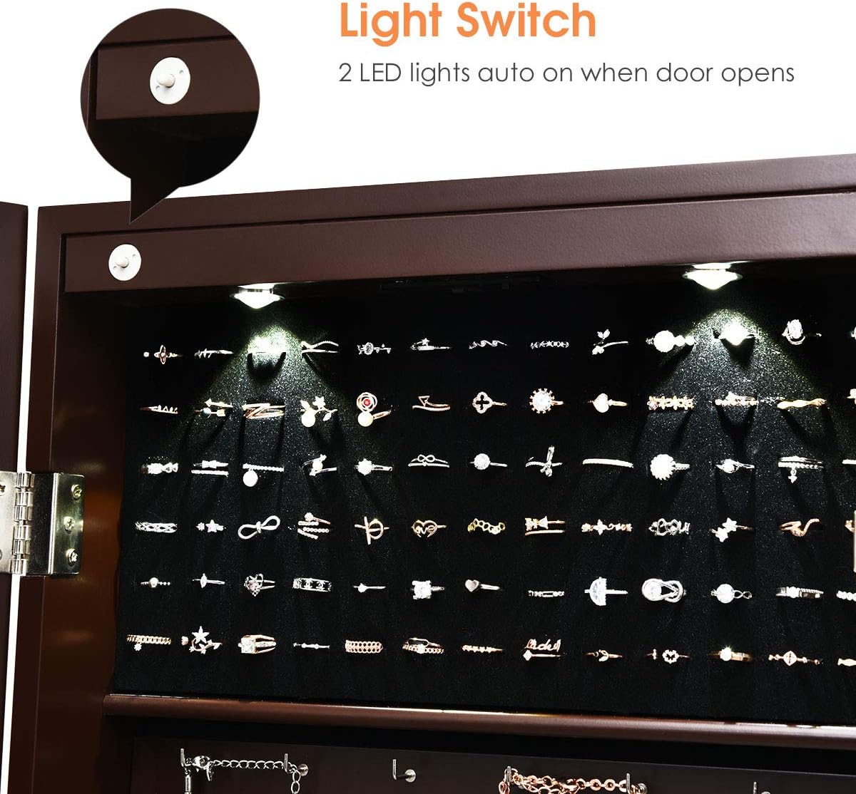 Giantex Jewelry Armoire Wall Door Mounted, Lockable Jewelry Cabinet with 42.5'' Full Length Mirror, 2 LEDs Jewelry Organizer Box with 2 Drawers