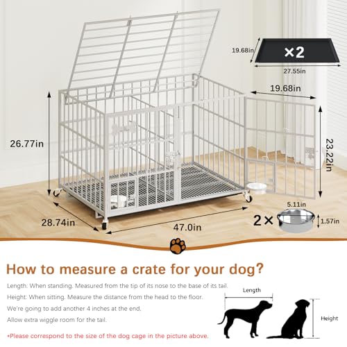 aboxoo 42/48 inch Heavy Duty Metal Dog Crate for 2 Dogs/Large Dog,All Metal Open Top,Dog Kennel Indoor with Wheels,Floor Grid, Tray
