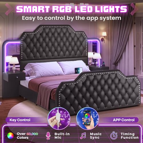 Itaar Queen Bed Frame with 53" Tall Headboard and 4 Storage Drawers, PU Leather Upholstered Platform Bed Frame, Built in Charging Station & Led