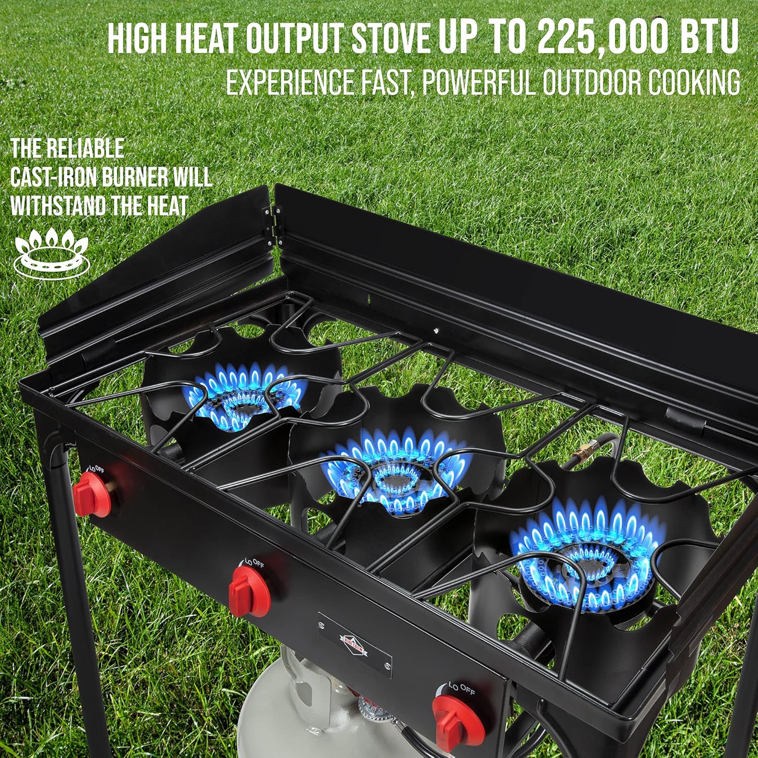Hike Crew Cast Iron 3-Burner Outdoor Gas Stove | 225,000 BTU Portable Propane-Powered Cooktop with Removable Legs, Temperature Control Knobs