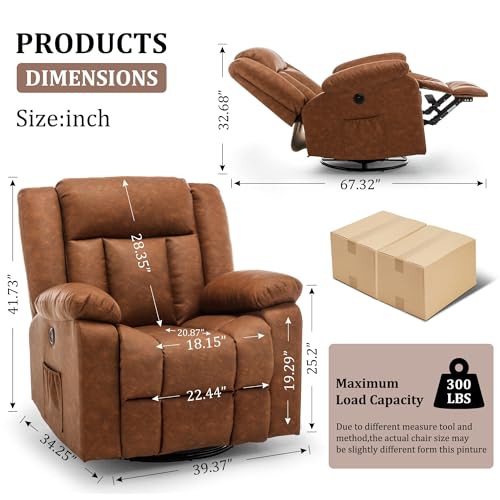 Rocker Recliner Chair, Glider Recliner Chairs for Adults, 360° Swivel Recliner with Massage and Heating