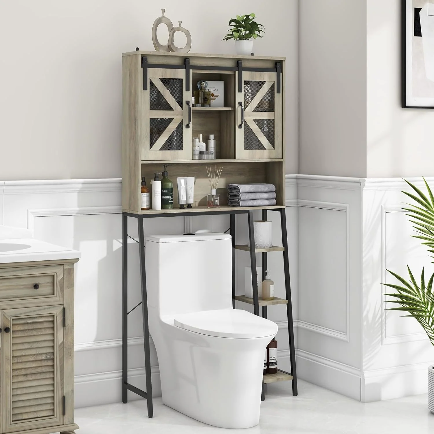 Over The Toilet Storage Cabinet, Farmhouse Storage Cabinet Over Toilet with Sliding Barn Door，Home Space-Saving Toilet Rack, for Bathroom, Restroom