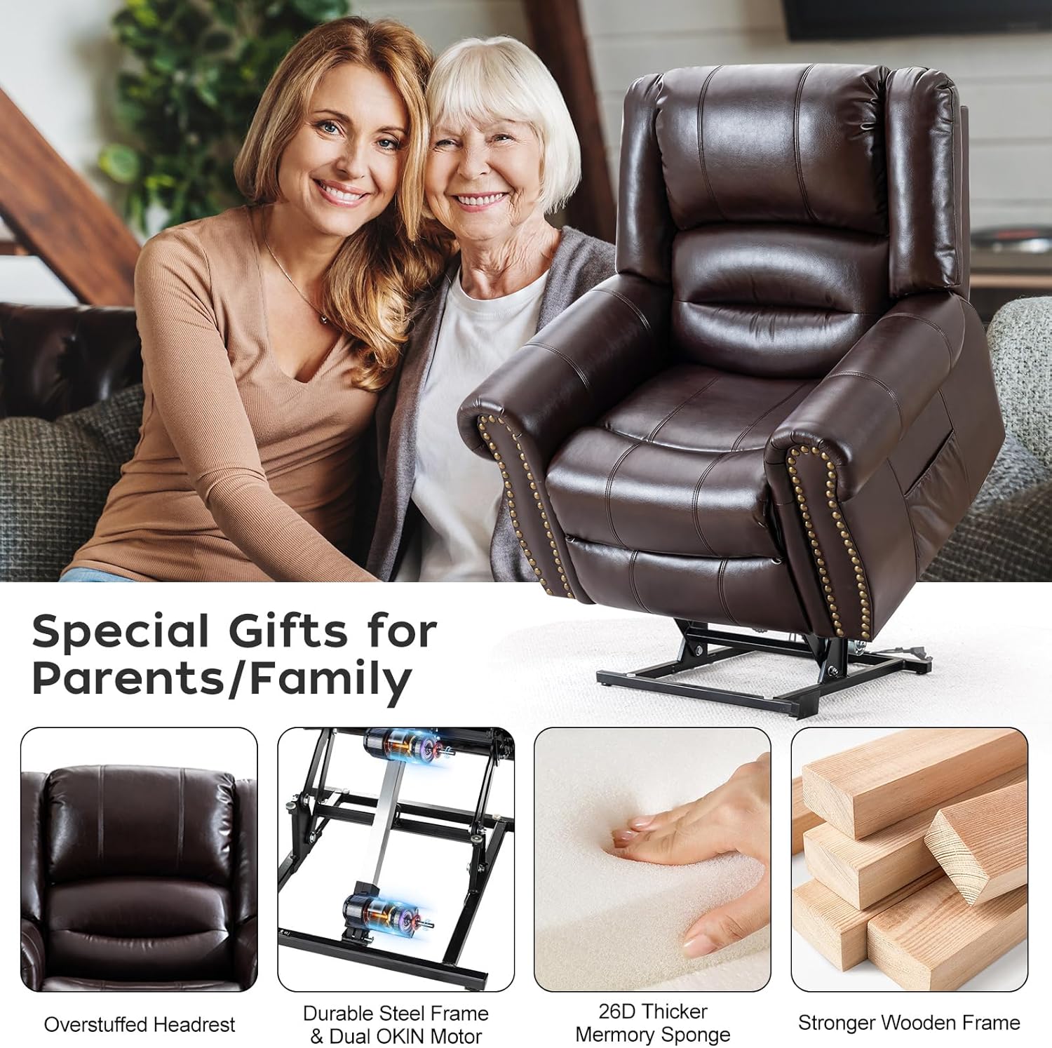 Lay Flat Dual Motor Power Lift Recliner Chair with Massage and Heat for Elderly, Breathable Leather Overstuffed Lift Chairs