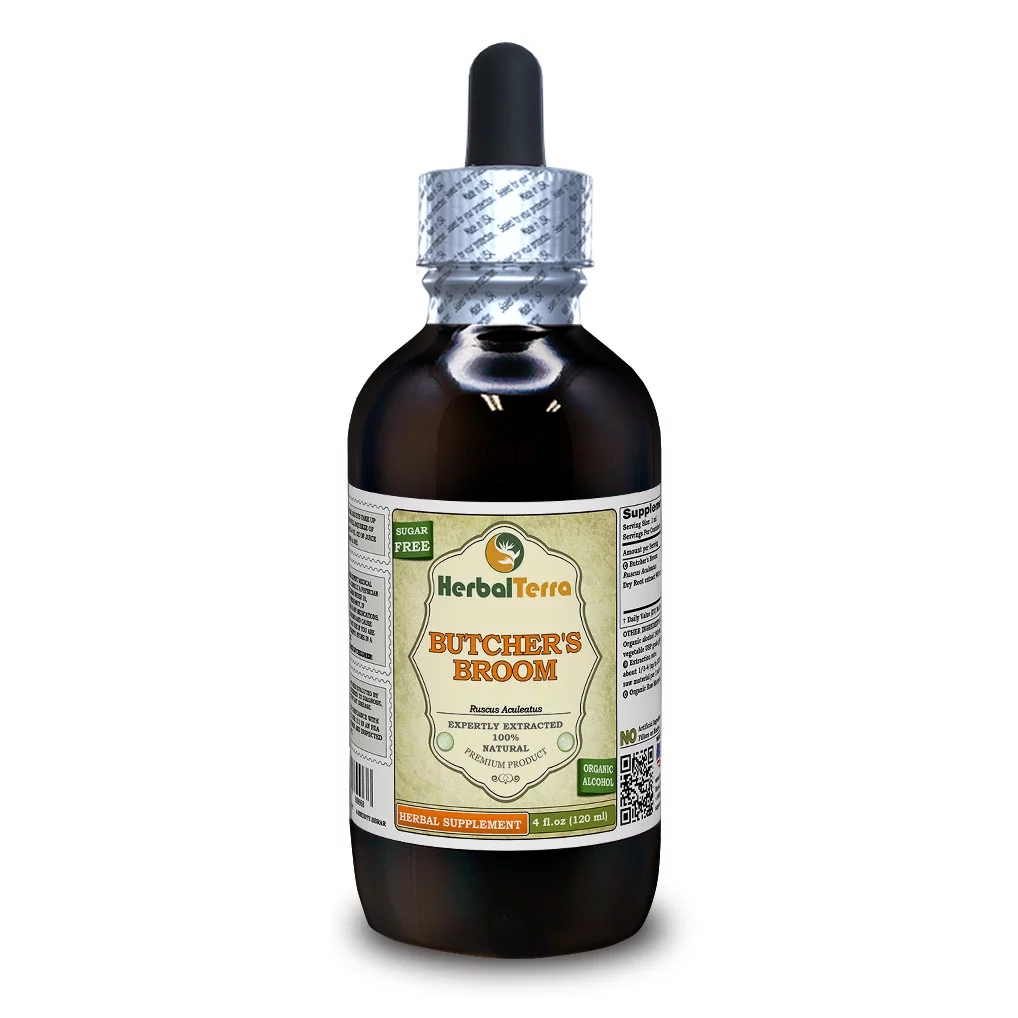 Butcher's Broom Dry Root Absolutely Natural Expertly Extracted by Trusted HerbalTerra Brand Certified Organic Alcohol-Based Liquid Extract. Proudly