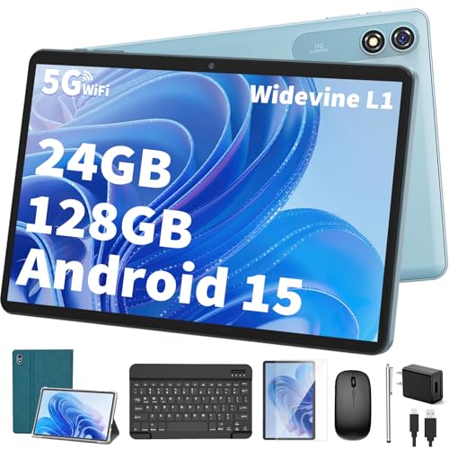 Android 15 Tablet with Keyboard, 26GB+256GB(2TB Expand), 10.1 Inch Tablet 8000 mAh Battery, BT 5.0, 5G WiFi, Widevine L1, Dual Camera