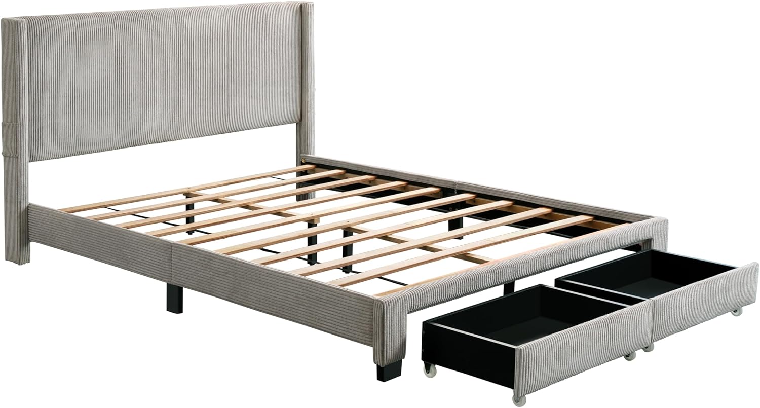 Queen Size Bedroom Platform Bed Frame with Corduroy Velvet Headboard and Drawer Storage