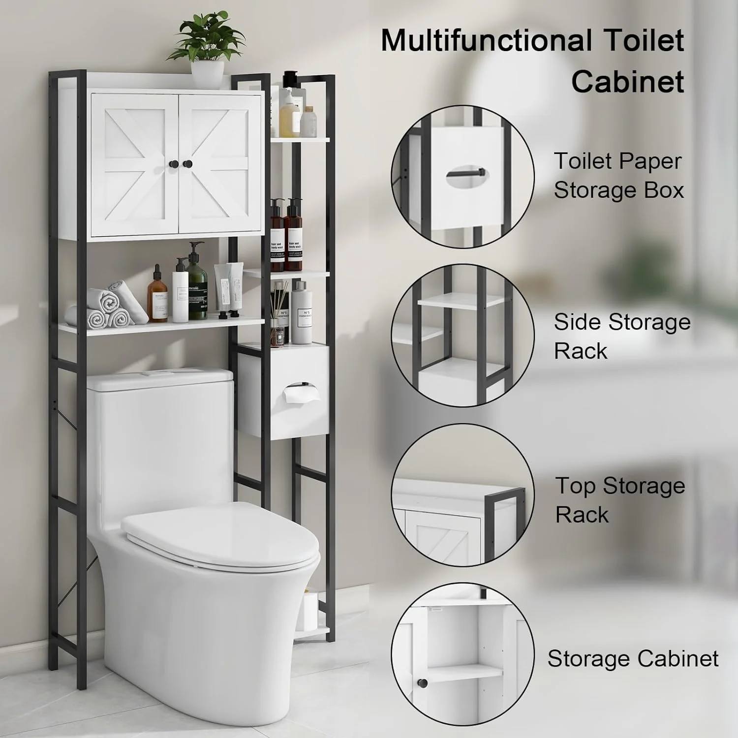 Over The Toilet Storage Cabinet with 2 Doors Storage Cabinet, Toilet Paper Storage Cabinet with Multi Layer Shelves Suitable for Bathroom