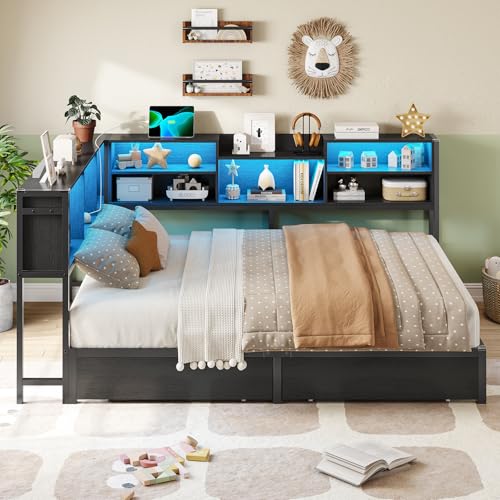 DICTAC Corner Twin Bed Frame with Bookcase Storage and Led Lights Metal Twin Size Platform Beds with Storage and Charging Station Twin Daybed with 2