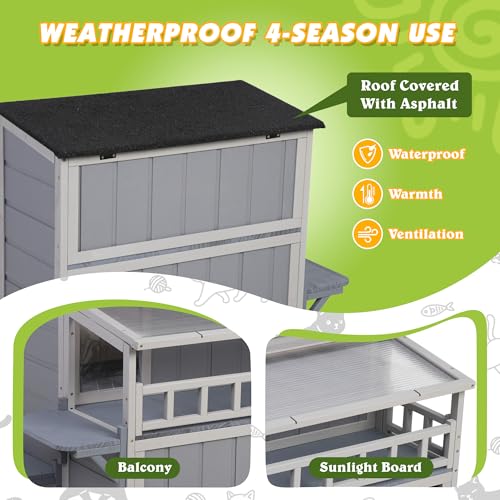 Outdoor Cat House, 2-Tier Warm Wood Cat Shelter with Sunlight Roof, Balcony, Jumping Platforms, Kitty Pet Porch Enclosure, Weatherproof, Openable