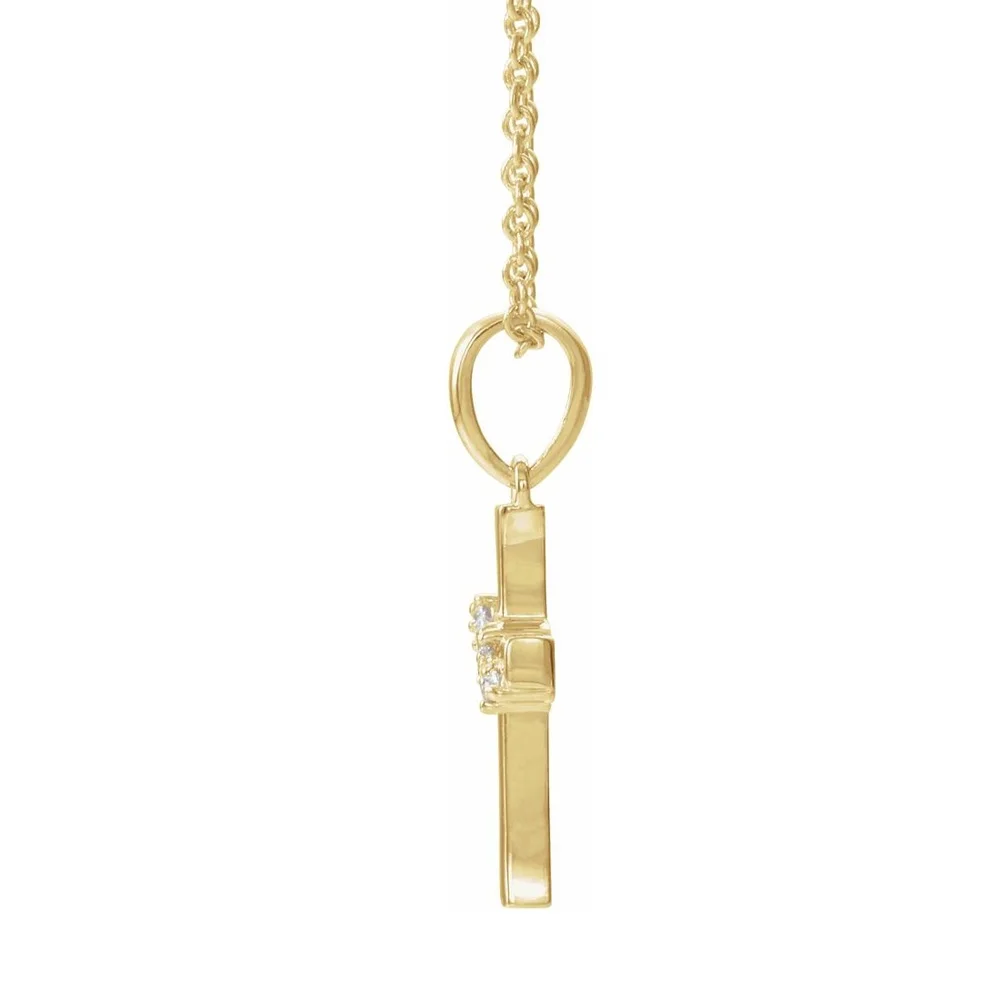 14K Yellow Gold .06CTW Diamond Cluster Tiny Cross Necklace, 16-18 Inch