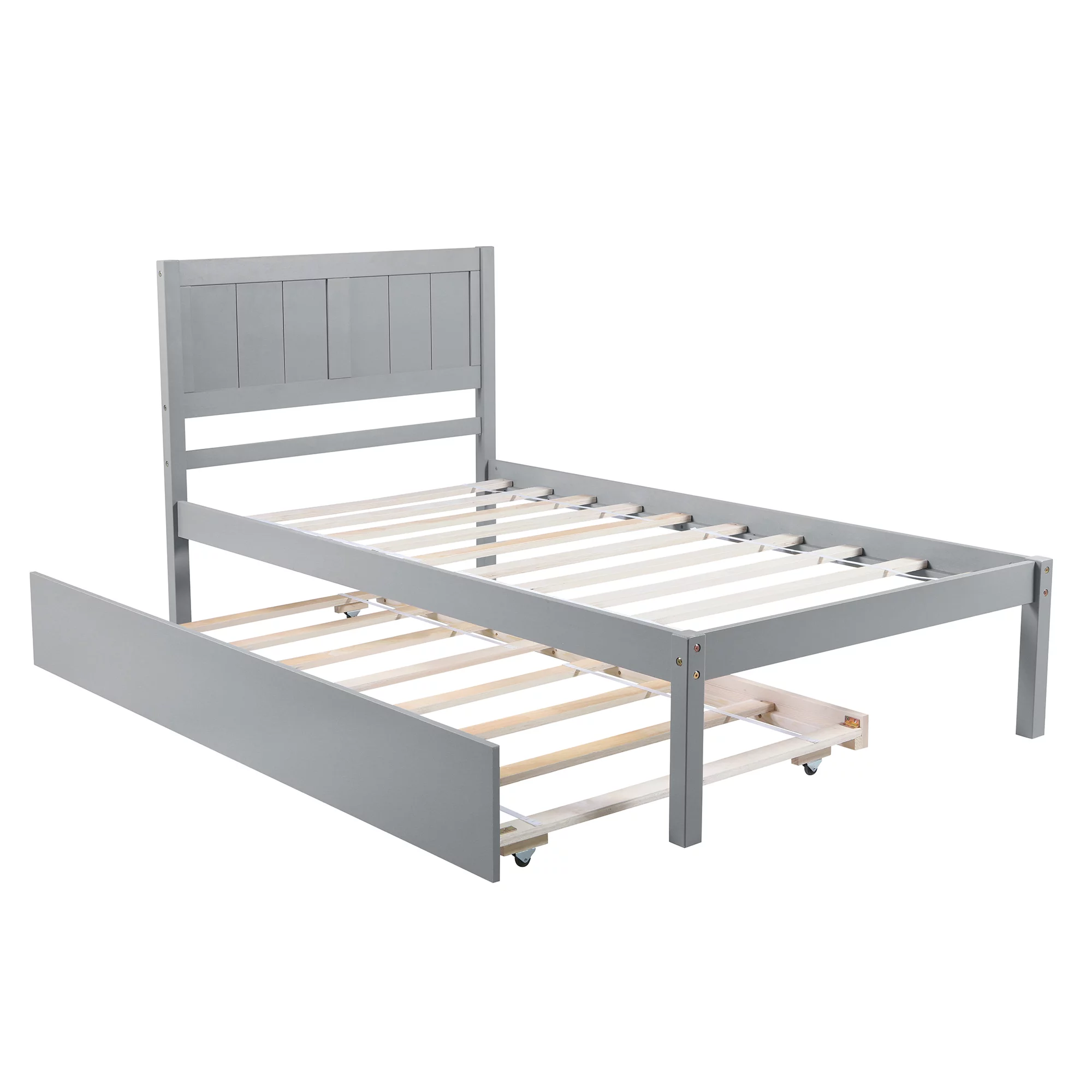 Euroco Twin Size Wood Platform Bed with Trundle for Kids, Gray
