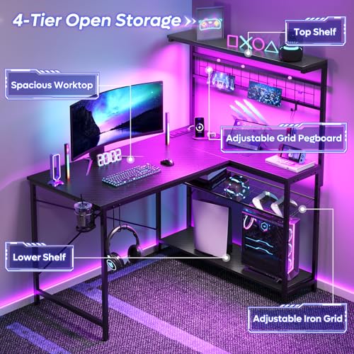 Bestier 42 L Gaming Desk,Computer Desk with Power Outlets, LED Lights, Reversible Corner Desk with 4-Tier Shelves,Cup Holder & Hook Carbon Fiber Black