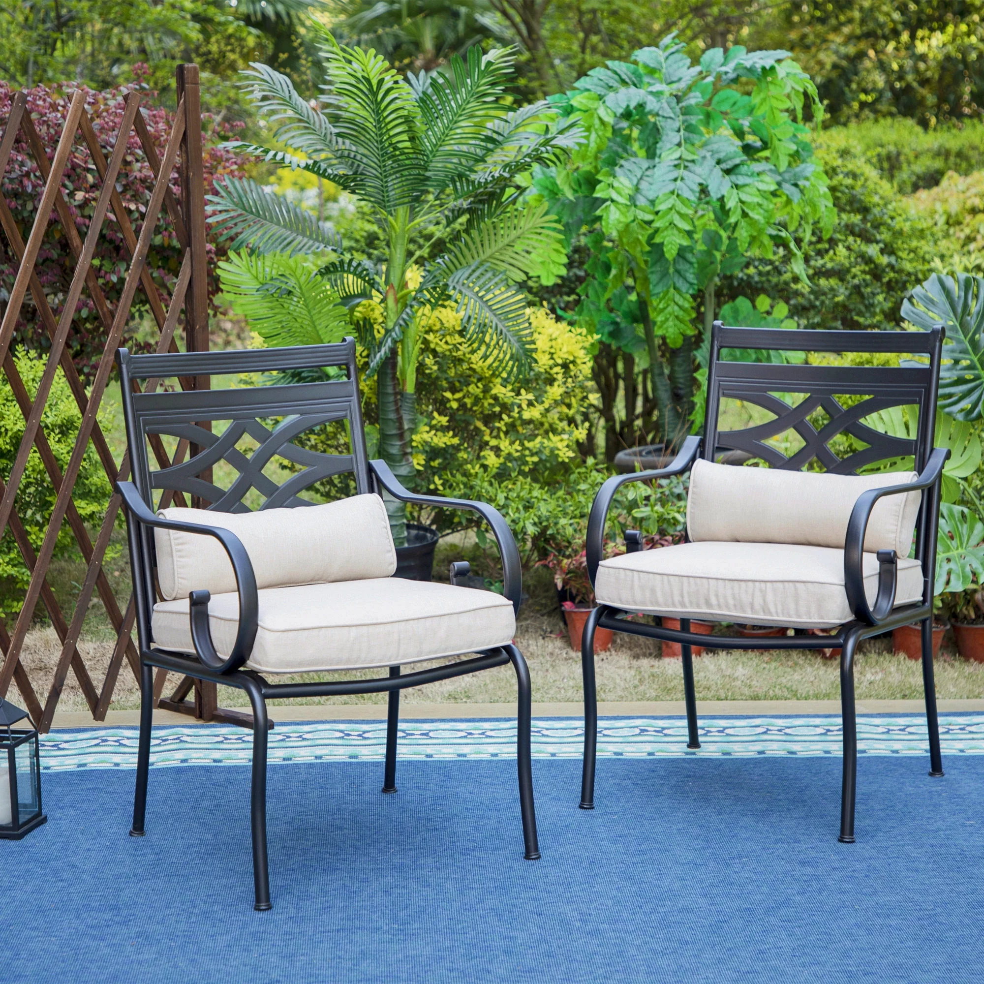Summit Living 7-Piece Outdoor Dining Set with Swivel Cushioned Chairs for 6-Person, Umbrella Support, Black & Beige