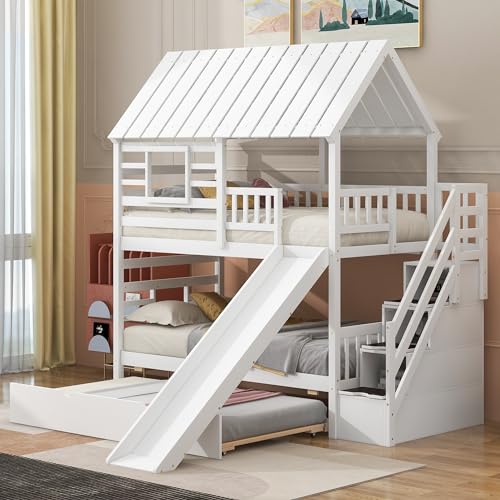 Kids Twin Over Twin Bunk Beds with Slide and Trundle, Solid Wood Bunk Bed Frame with Stairs and Storage