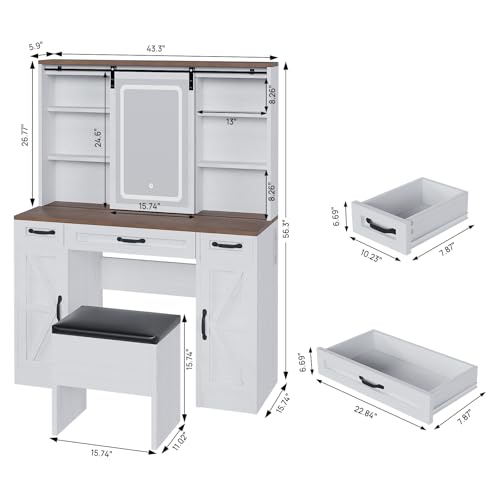 Farmhouse Vanity Desk with Sliding Lighted Mirror & Stool, Vanity Dresser Combo, Large Makeup Vanity with 8 Storage Shelves, 5 Drawers