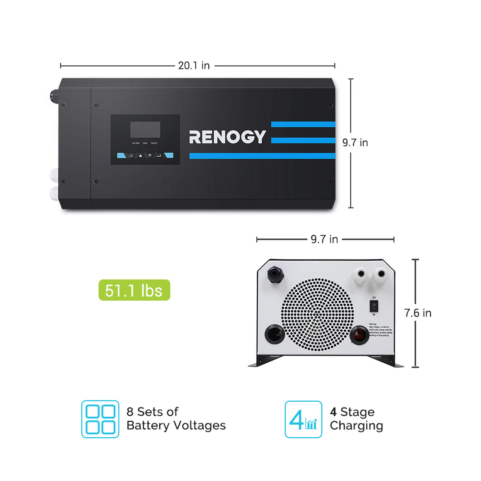 Renogy 2000w Pure Sine Wave Inverter Charger 12V DC to 120V AC Surge 6000w Off-Grid Solar Inverter Charger for RV Boat Home w/ LCD Display