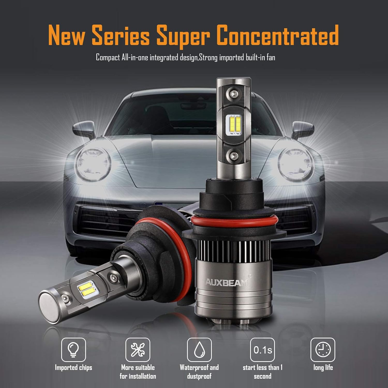 Auxbeam 9007 Led Light Bulbs, 70W 8000LM 6500K Pure White with Temperature Control, HB5 Hi/Lo Led Conversion Kit 24xCSP Chips F-T1 Series Pack of 2