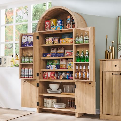 71" Tall Arched Kitchen Pantry, Modern Fluted Wood Storage Cabinet with Doors, 3 Adjustable Shelves, 6 Door Shelves, Organizer