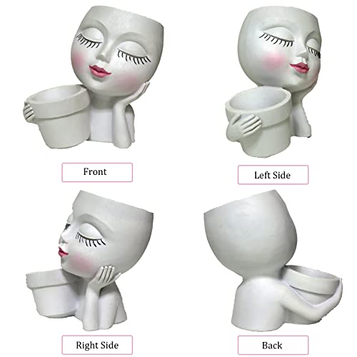 Head Planter Face Flower Pot, Dolkgy Woman Face Planter Unique White Head Planters for Indoor Outdoor Plants