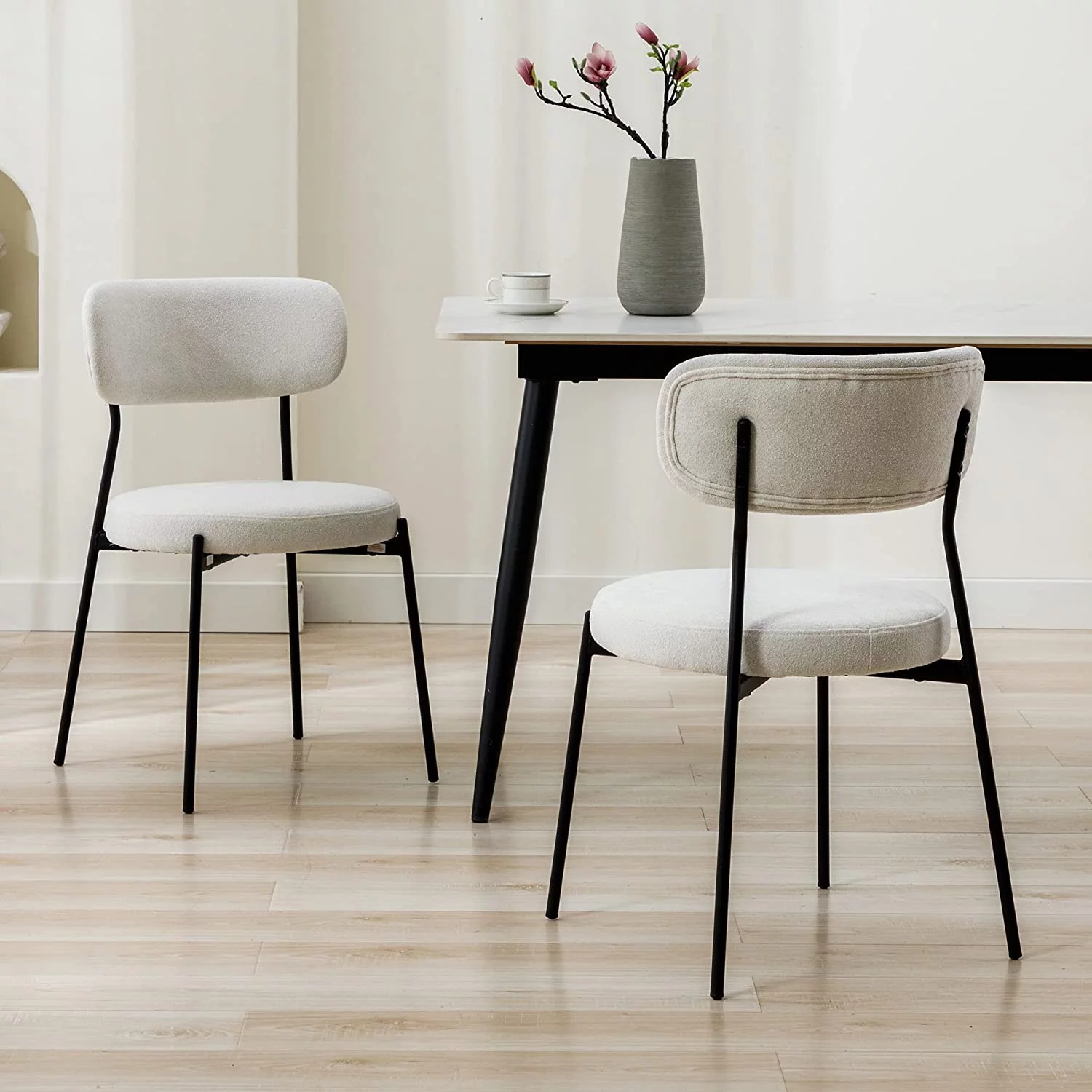 Duhome Modern Dining Chairs Set of 2 Boucle Upholstered Dining Room Chairs Kitchen Chairs for Small Spaces Side Chair w/ Black Metal Legs, Cream White
