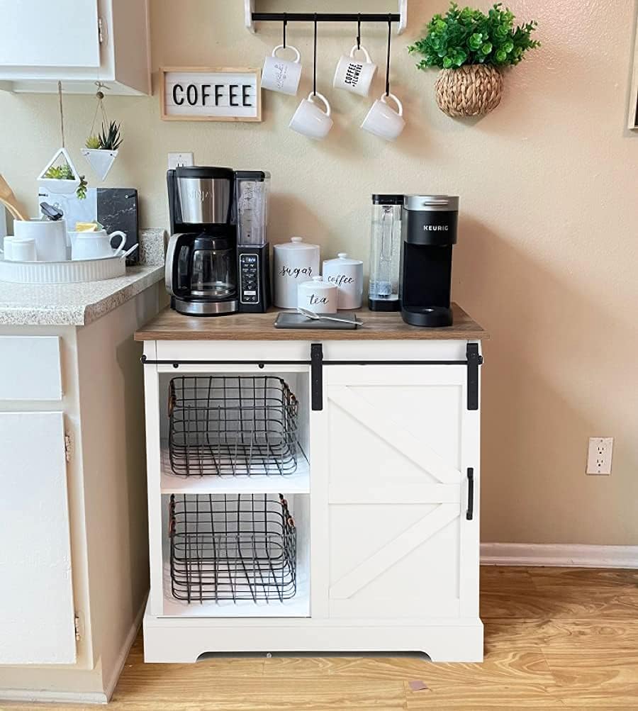 Farmhouse Coffee Bar Cabinet - Sliding Barn Door Kitchen Sideboard Buffet Storage Cabinet
