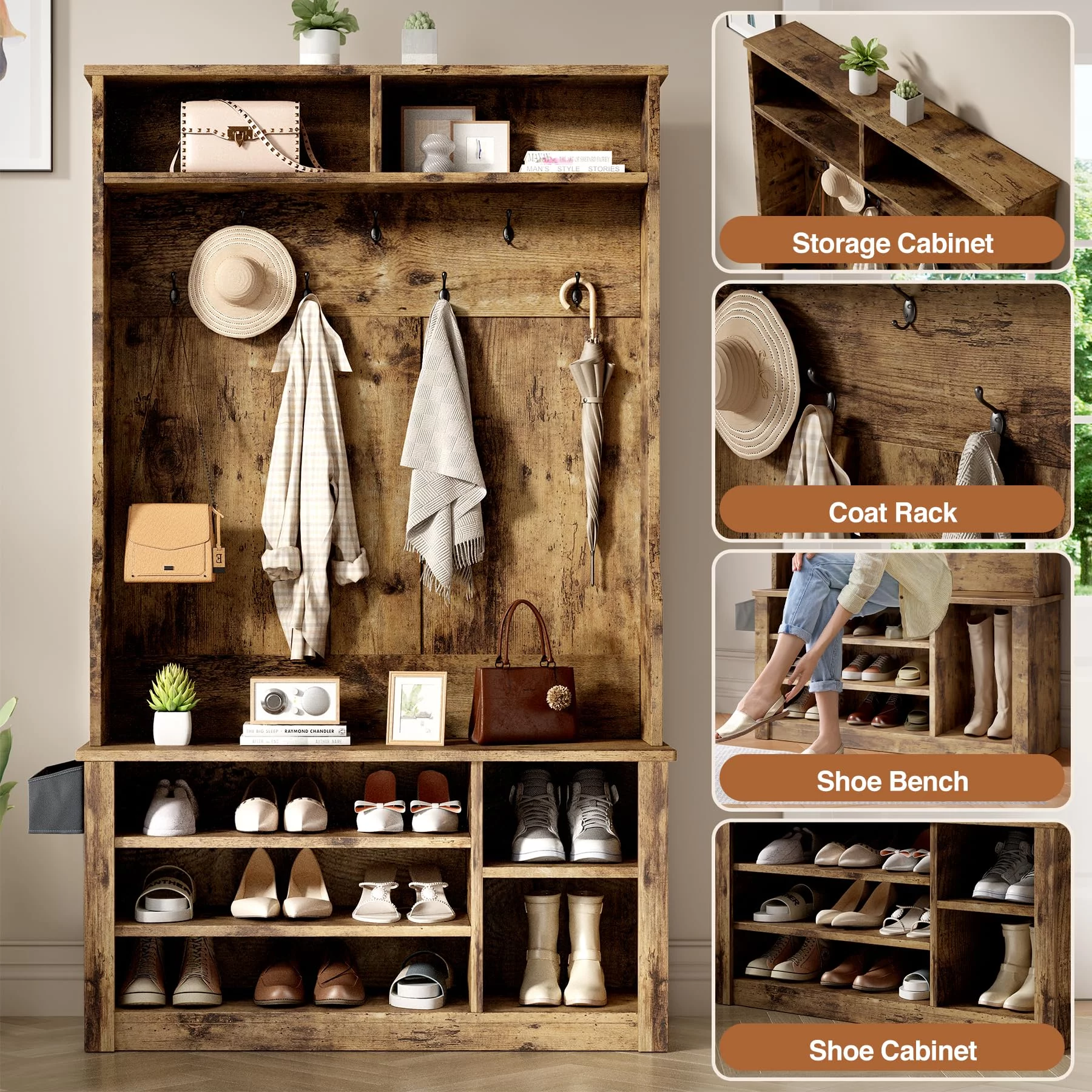 Lofka 5-in-1 Hall Tree with Bench and Shoe Storage, Entryway Hall Tree with Coat Rack, Adjustable Shoe Storage, 2-tier top storage, Rustic Brown