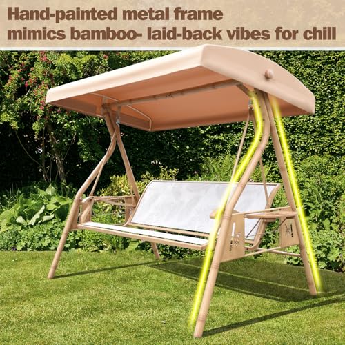 3 Person Patio Swing Outdoor Swing for Adults with Adjustable Canopy &Upgraded Cup Holders Textilene Fabric Porch Swing Chair with Stand Heavy Duty
