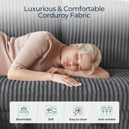 LINSY HOME Sectional Sleeper Sofa with Pull Out Couch Bed Convertible Plush Corduroy Cloud Couch with Storage Chaise & USB Charging