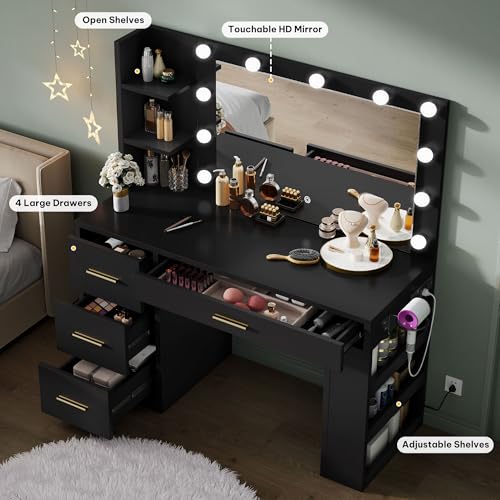 DWVO Vanity Desk with Mirror, Large Makeup Table with Power Outlets, 11 LED Bulbs, 3 Adjustable Light Modes, 4 Drawers and Built-in Shelves