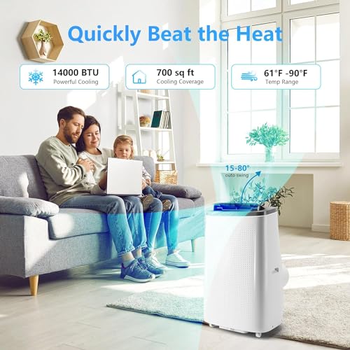 14000 Btu Portable Air Conditioner With Remote Control for Rooms,3 In 1 Portable Ac Unit, Quiet Cooling Up to 700 Sq Ft, Dehumidifier & Fan Modes