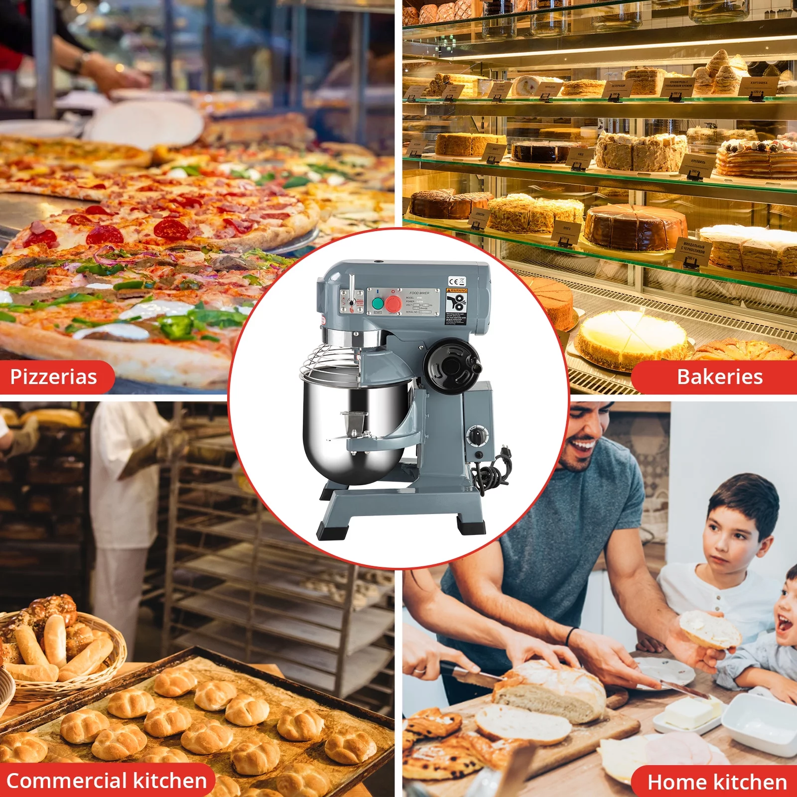 15Qt Food Mixer, 600W, 3-Speed Commercial Stand Mixer with tainless steel bowl, dough hook, whisk, Heavy duty mixer with safety guard
