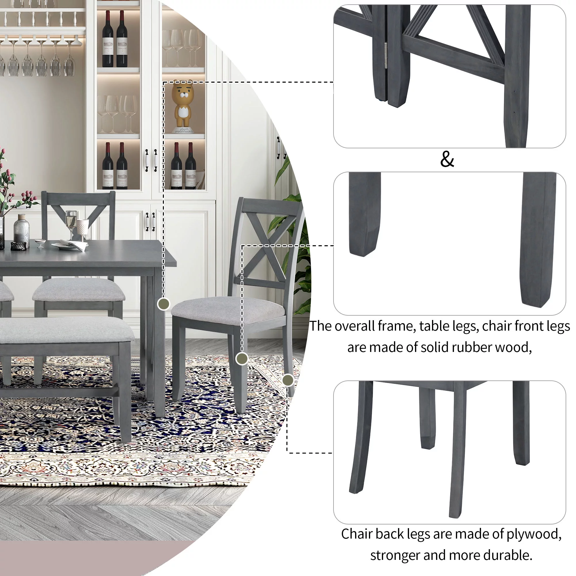 CoSoTower 6-Piece Family Dining Room Set Solid Wood Space Saving Foldable Table and 4 Chairs with Bench for Dining Room, Gray