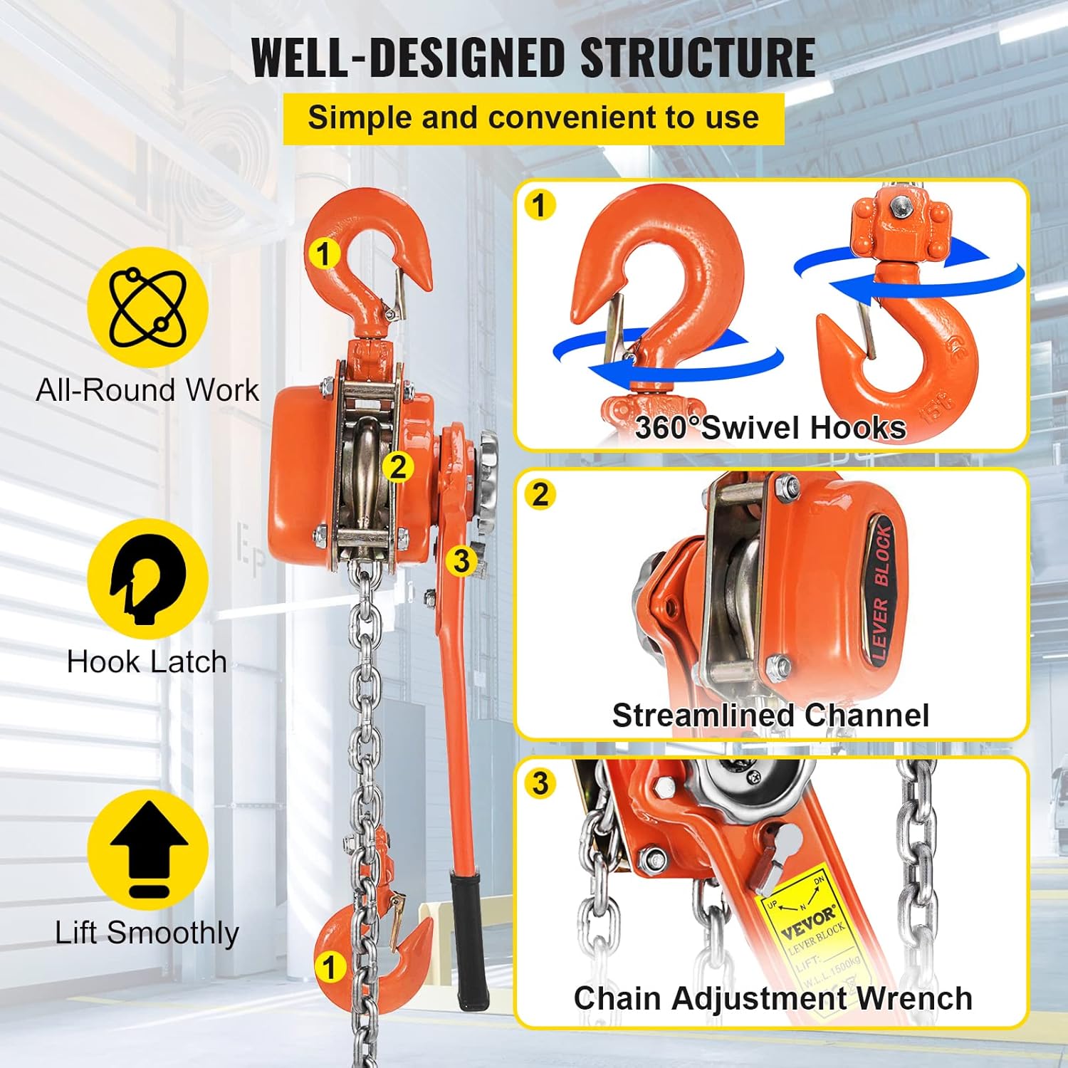 VEVOR Lever Chain Hoist, 1.5Ton 3300lbs Capacity Ratchet Puller with 10FT Max. Lifting Height, Come Along 2 Heavy Duty Steel Hooks