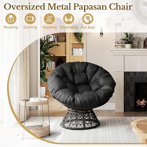 Yaheetech Indoor Papasan Chairs with Thick Tufted Cushions and Frame, Swivel Wicker Ergonomic Lounge Reading Chairs for Living Room/Bedroom, Black