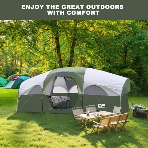 CAMPROS CP Tent 8 Person Camping Tents, Weather Resistant Family Tent, 5 Large Mesh Windows, Double Layer, Divided Curtain for Separated Room