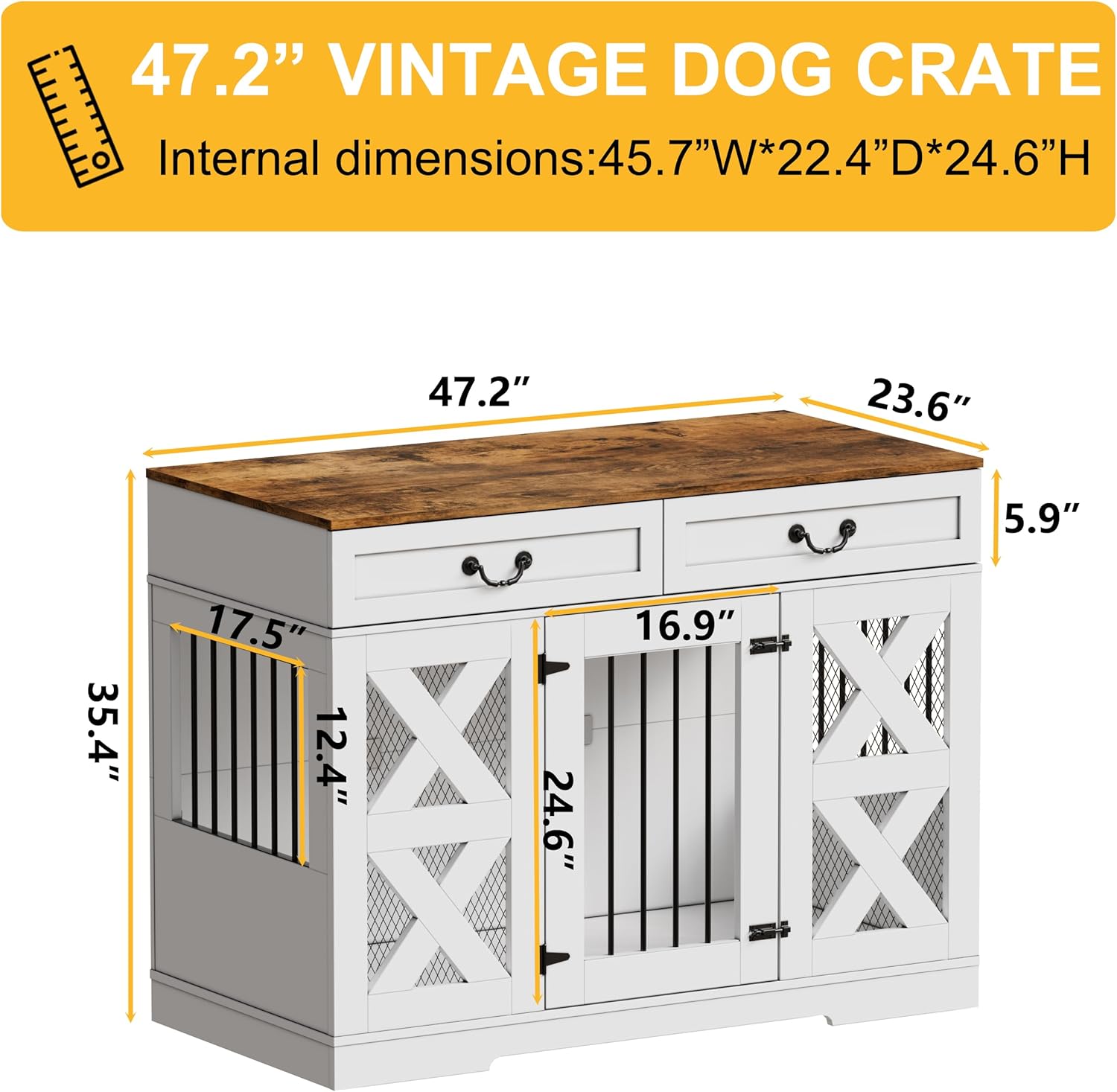 Large Dog Crate Furniture - Dog Kennel with Drawers Storage and Locks, 2-in-1 Crates for Dogs Indoor