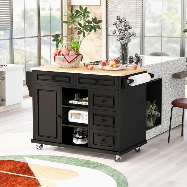 PULLAFUN Kitchen Island Cart with Solid Wood Top, Mobile Carts with Storage Cabinet, Rolling Kitchen Table with Spice Rack, Towel Rack