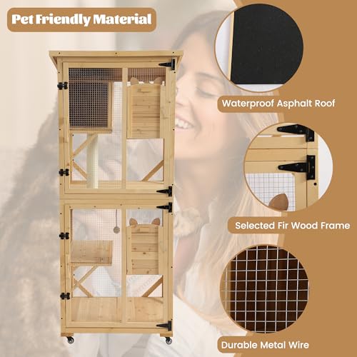 MAGIC UNION 71" Catio Outdoor Cat Enclosure Window Access, 4 Tiers Cats Playpen Catio with Wheels, Resting Box & Waterproof Roof