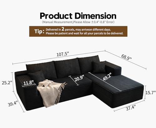 107.5" Cloud Modular Sectional Sofa with 1 Ottoman,Modern Minimalist Upholstered Couches, Comfort U Shaped Sofa for Living Room
