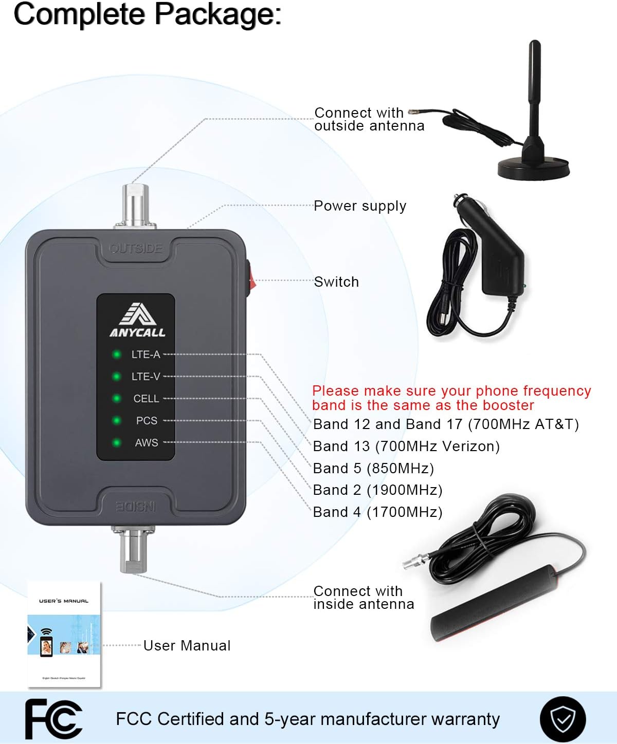 Cell Phone Booster for Car Truck Use 5 Bands Vehicle Cell Service Booster Signal Repeater for AT&T, Verizon, T-Mobile-GSM 3G 4G LTE Voice & Data